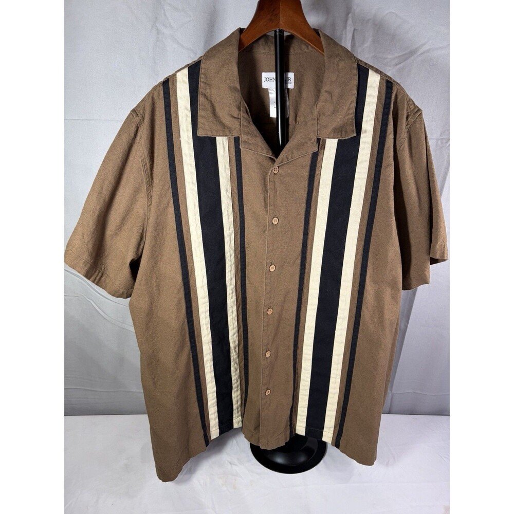 John Blair Shirt Mens 2XL Brown Bowling Striped Button-Up Short Sleeve Very Nice